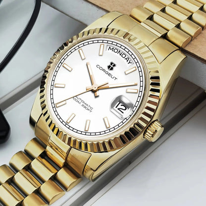 Orologio meccanico da uomo CORGEUT NH36 con indicazione di giorno e data, bracciale President, cassa in acciaio, lunetta arcuata filettata, impermeabile