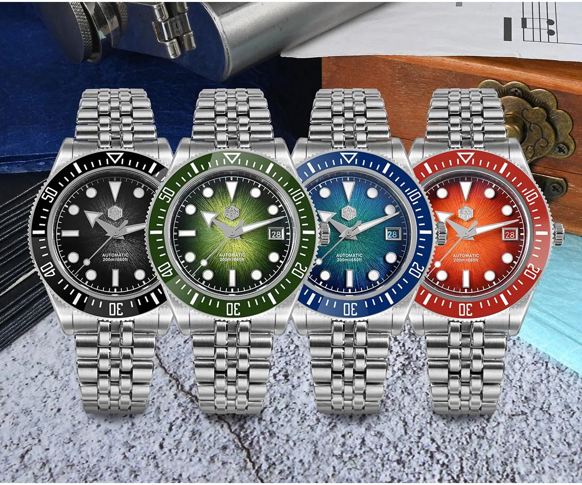 San Martin 40mm Luxus-Taucheruhr für Herren, Miyota 9015, Sunburst-Emaille-Zifferblatt, automatische mechanische Armbanduhr, wasserdicht bis 200m, SN0148