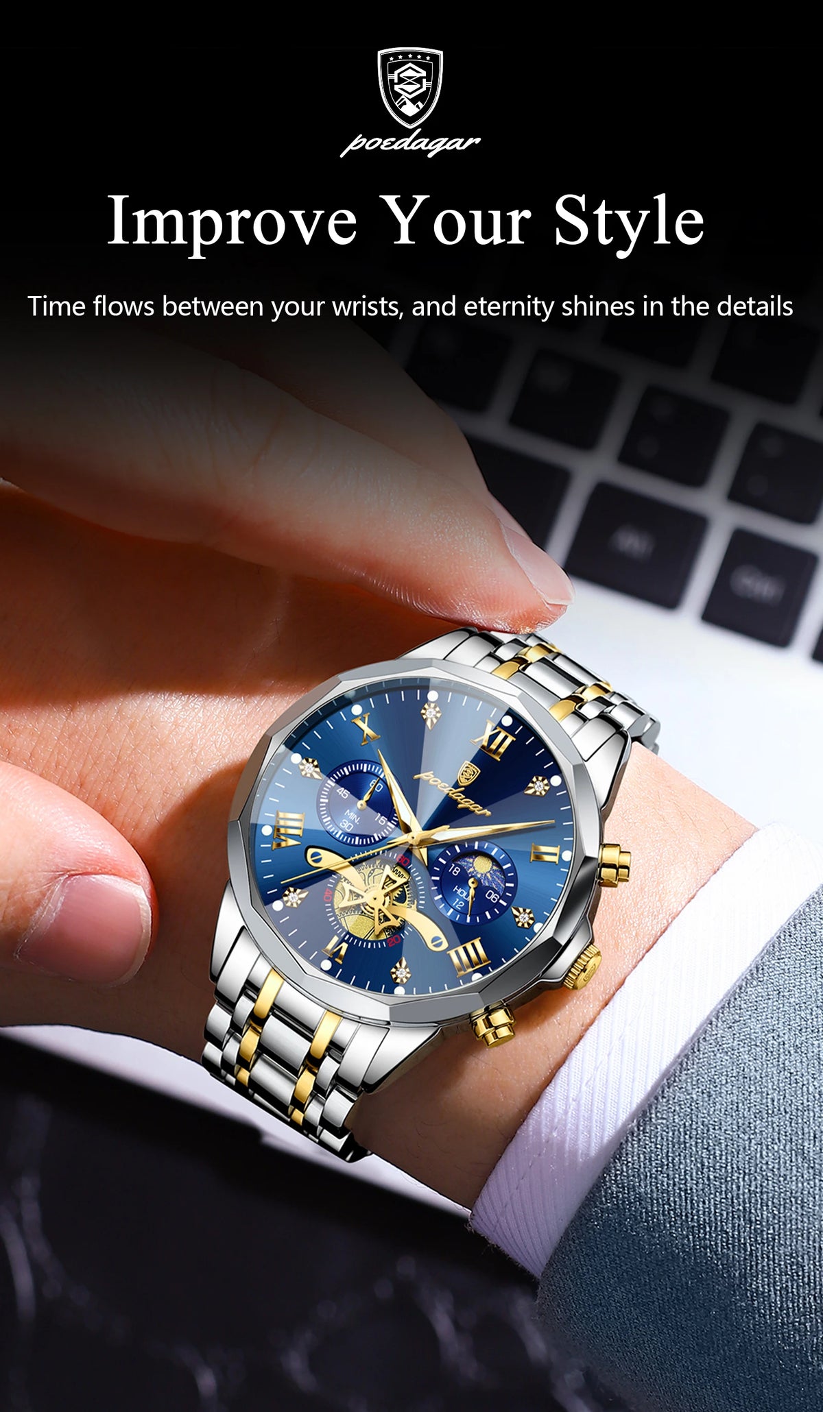 POEDAGAR Luxury Men Watch Top Original Waterproof Luminous Chronograph Man Wristwatch Stainless Steel Quartz Men's Watches Reloj