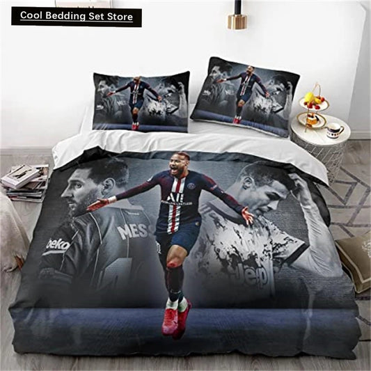Juego de cama de 3 piezas La Liga Neymar, Messi, Cristiano Ronaldo con funda nórdica de temática caricaturesca, material de microfibra transpirable
