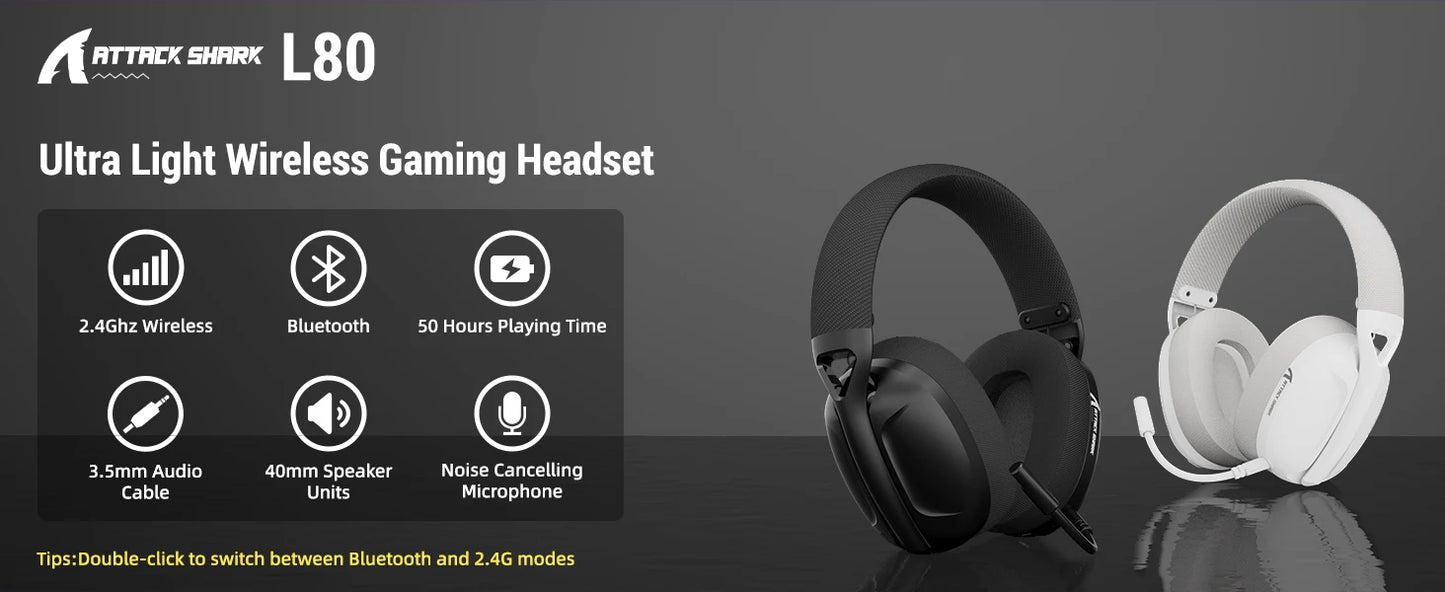 ATTACK SHARK L80 ultraleichtes 180g Gaming-Headset – kabellos im Tri-Mode (Bluetooth 5.3 / 2.4G / kabelgebunden), 5.1 Surround Sound, 40mm-Treiber, absteckbares Mikrofon