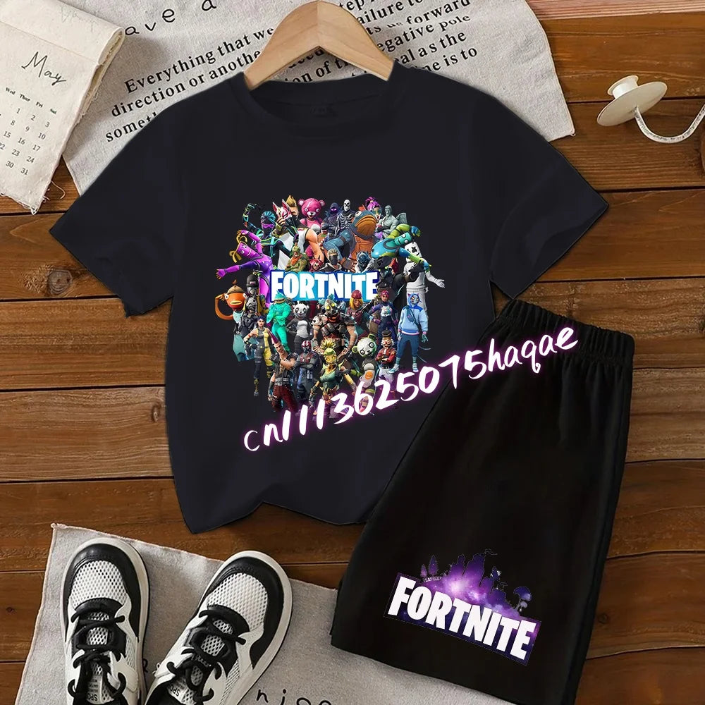 Angesagtes Fortnite-Kinder-Set mit T-Shirt und Shorts, Cartoon-Figur-Print, Sommer-Freizeit-Sportbekleidung für Jungen