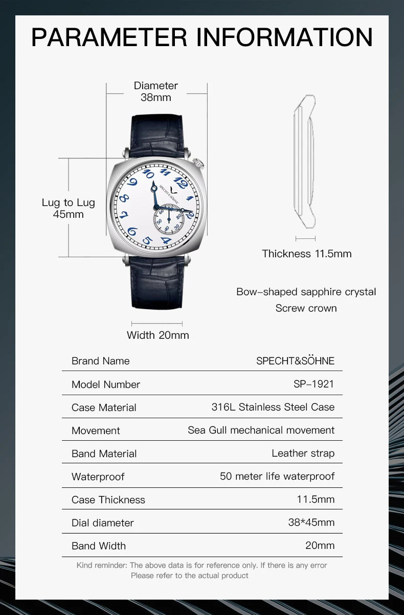 New 2026 Specht & Söhne 1921 Men's Automatic Mechanical Wristwatch Rose Gold Sapphire Crystal Genuine Leather Relogio Masculino