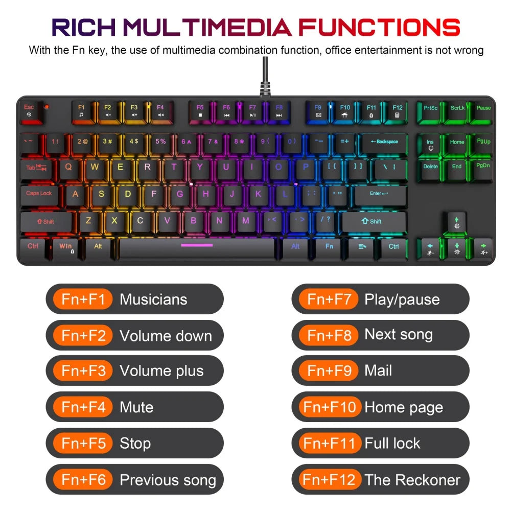 New Computer Keyboard Waterproof Portable Gaming Keyboard Backlit Ergonomics Colorful Keyboard Computer Accessories 87 Keys Usb