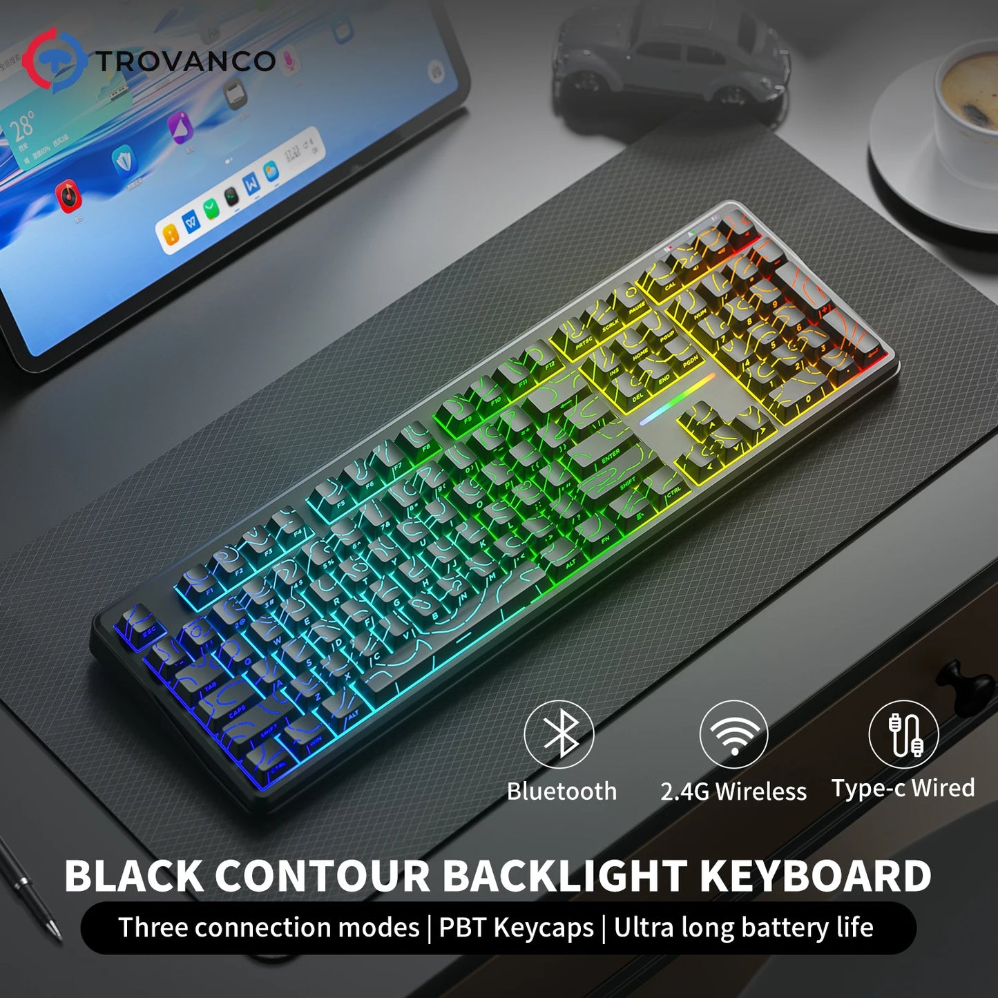 V108 Pro Bluetooth Keyboard Office Low Noise 2.4G Wired & Wireless Full Layout with RGB Backlit Membrane