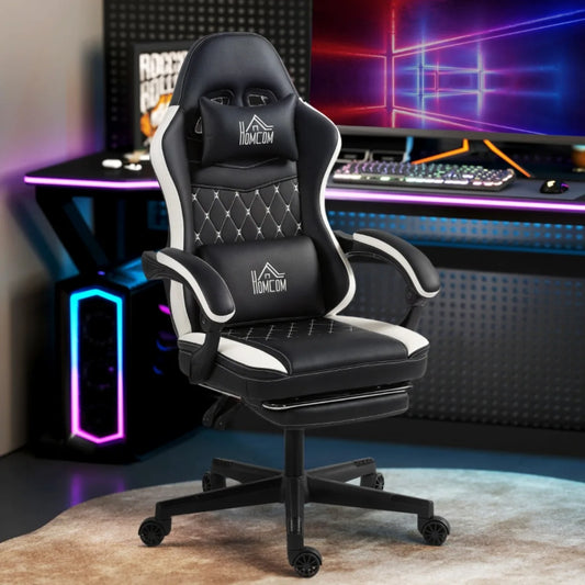 Ergonomic Gaming Chair with Footrest, Adjustable Reclining Computer Chair with Headrest & Lumbar Support, Faux Leather Swivel Gamer Chair