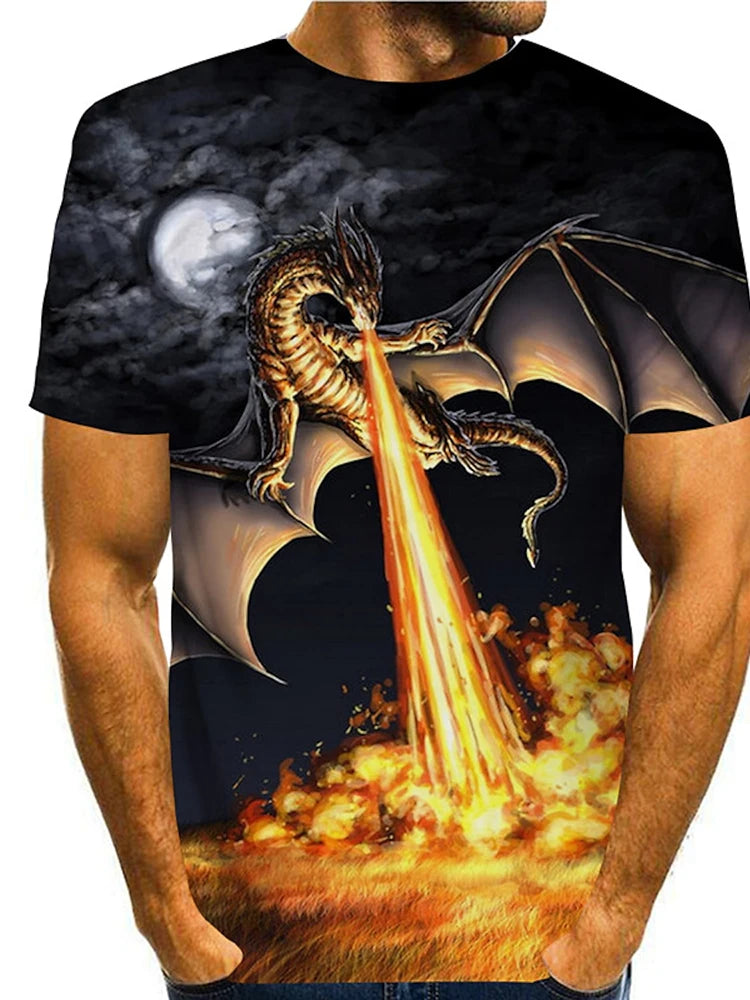 2024 zomer streetstyle heren-T-shirt, urban everyday casual top met korte mouwen, 3D-drakenprint, outdoor heren-T-shirt