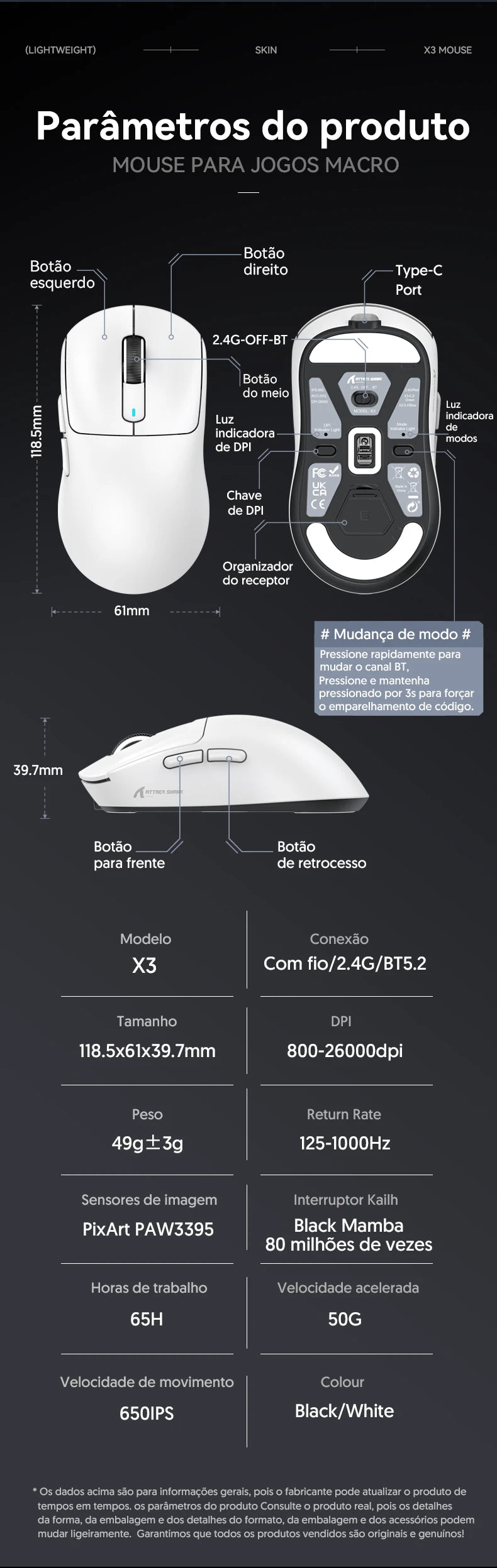 Atack Shark X3 PAW3395 Mouse Lightweight Wireless Gaming Mouse, Tri-Mode Mouse, 26K DPI PAW3395, PC/Laptop/Win/Mac