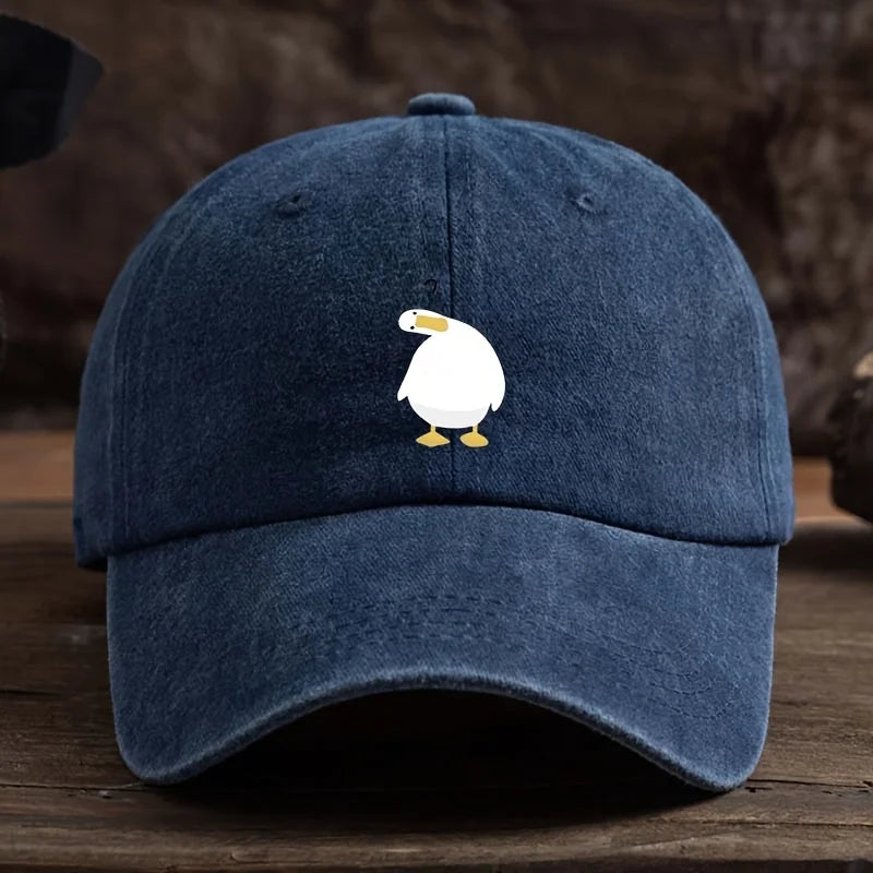 Cute duck print baseball cap with adjustable snap button, breathable fabric, outdoor casual headpiece