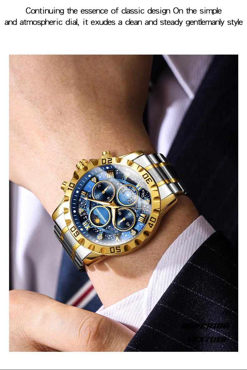 2026 Herrenuhr – leichter Luxus, Business-Stahlarmband, Mondphase, Sternennacht-Design, wasserdicht, modische Quarzuhr für Herren, Geschenk