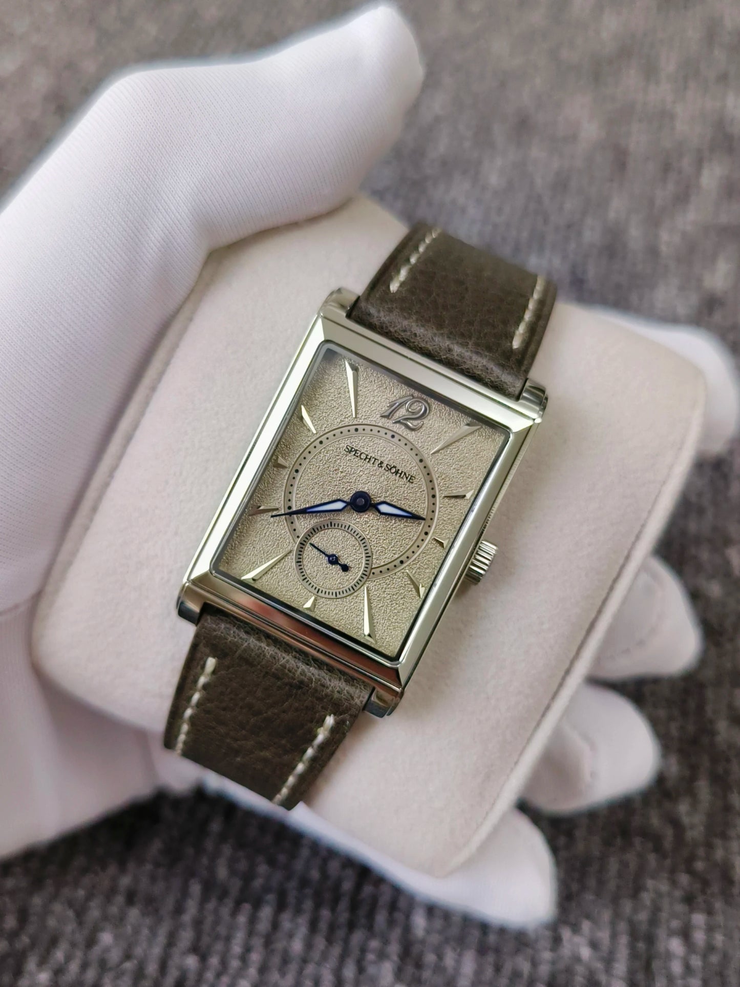 2026 Specht&Söhne Ultra Thin 7.5mm Rectangular Watch Japan Quartz Movement Small Seconds Sandblasted Dial Grey Leather Strap Watch