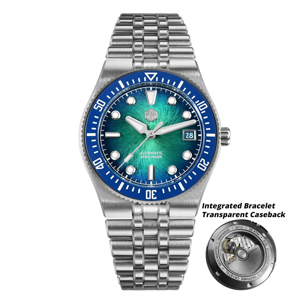 San Martin 40mm Luxus-Taucheruhr für Herren, Miyota 9015, Sunburst-Emaille-Zifferblatt, automatische mechanische Armbanduhr, wasserdicht bis 200m, SN0148