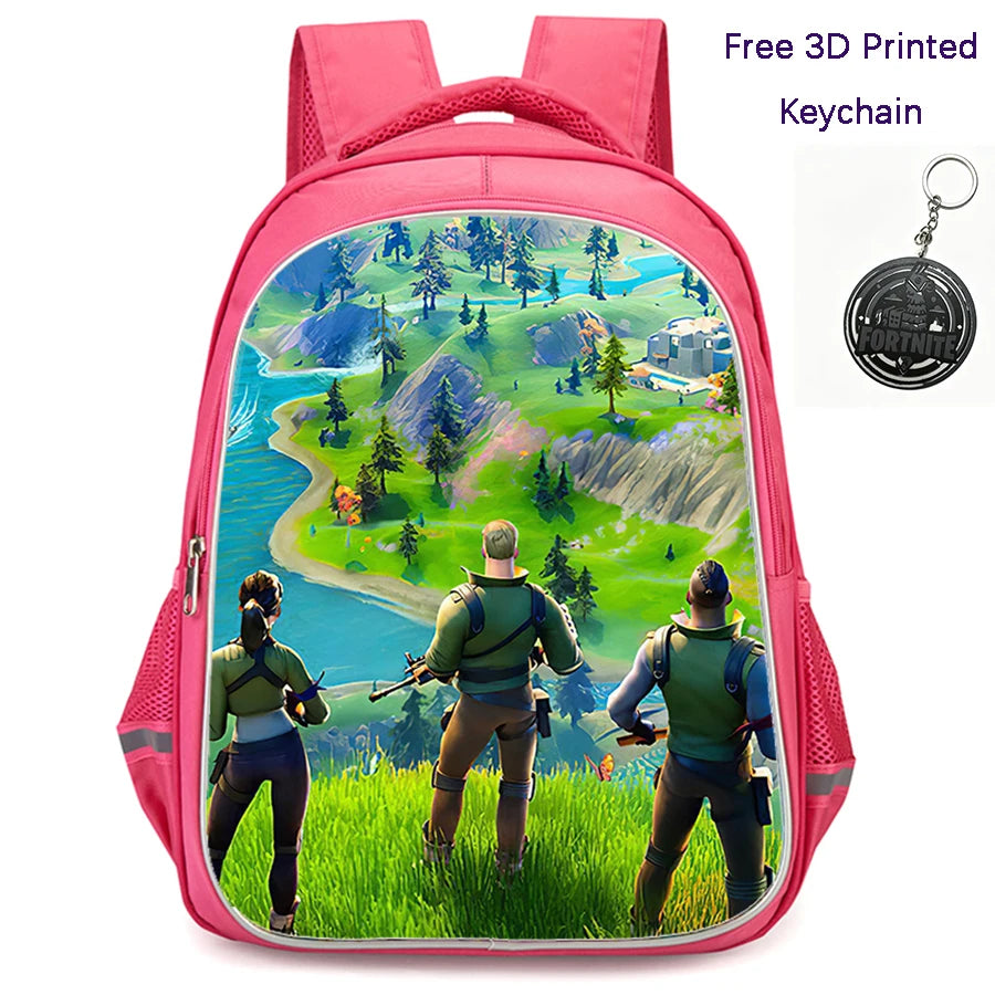 FORTNITE 16-inch Durable Lightweight Backpack, Dual Zipper Pockets, Cartoon Style for Boys & Girls Ages 6-10, Free 3D Printed Keychain