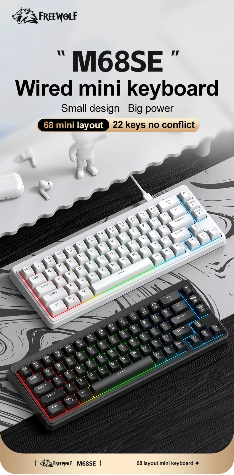 Teclado FREEWOLF M68SE com sensação mecânica, 68 teclas, mini teclado compacto com fios, silencioso, para portáteis, gaming e utilização em escritório