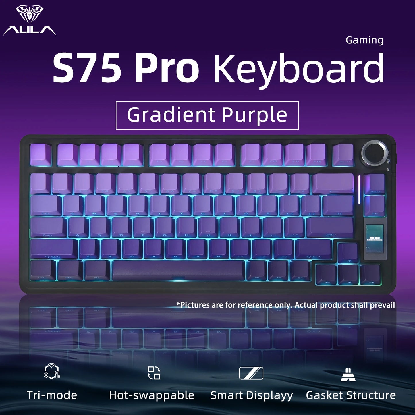 Teclado Mecânico AULA S75 PRO 75% Layout Personalizado Retroiluminação RGB Sem Fios Bluetooth Gaming com Ecrã e Botão Rotativo