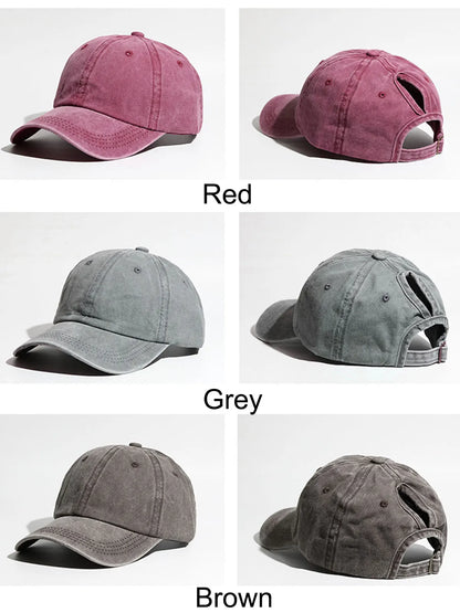 Simple Washed Hole Crossing High Ponytail Hat For Women, Versatile Baseball Cap Soft Top Baseball Cap