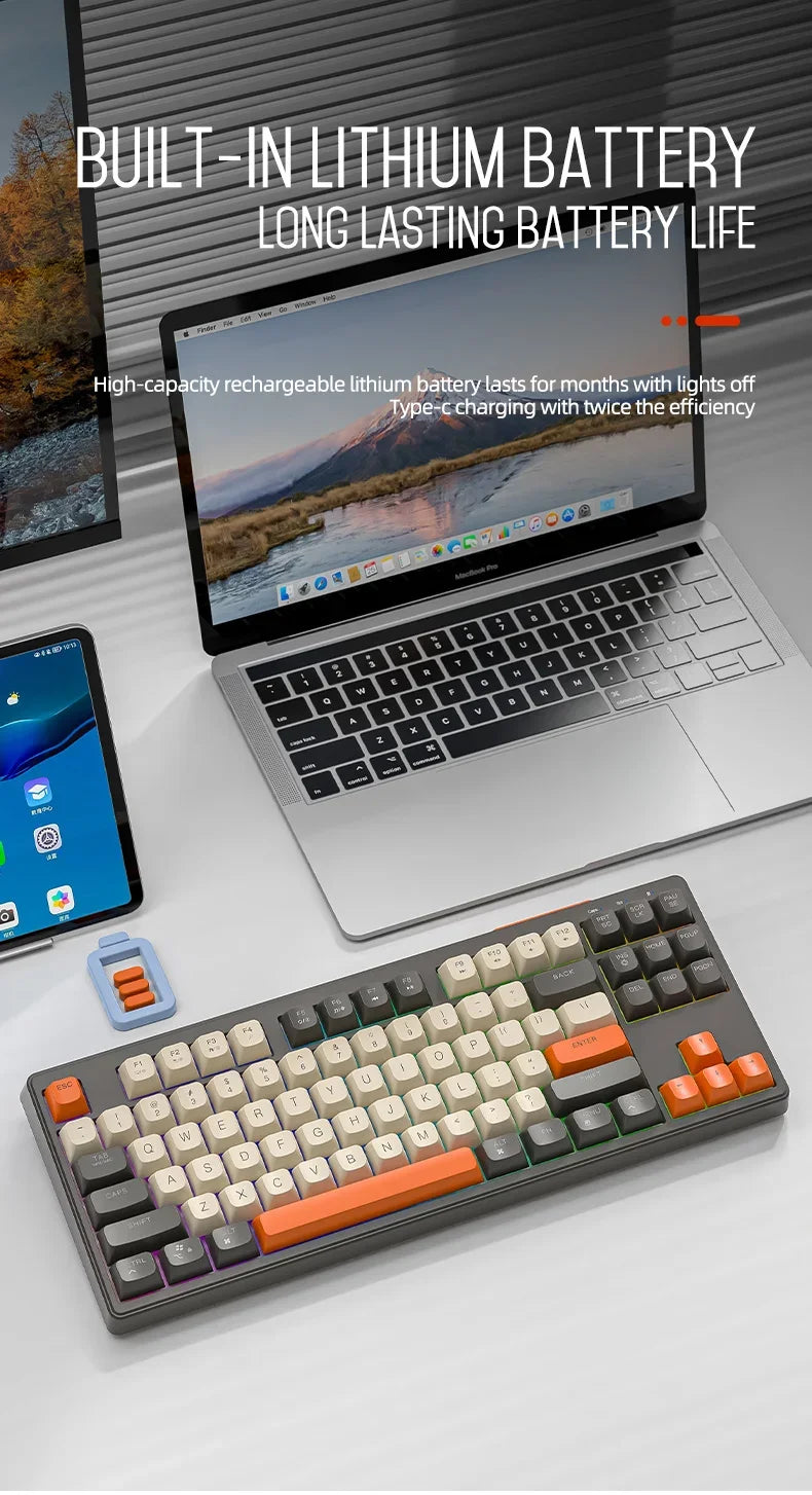Teclado M87 Sem Fios Bluetooth de Modo Duplo, Sensação Mecânica para Gaming e Escritório, Silencioso, Teclas PBT Ball Cap, Luz Arco-Íris