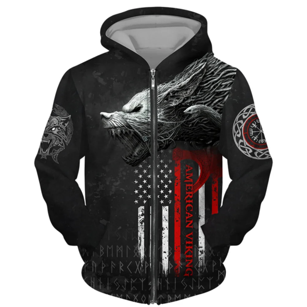 3D Wolf Print Men Zipper Hoodies Fashion Animal Pattern Top Coat Street Punk Style Oversized Sweatshirts Outdoor Leisure Jackets
