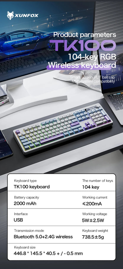 Teclado XUNFOX TK100 sem fios 2.4 Bluetooth de modo duplo para gaming, silencioso, escritório e portátil, universal