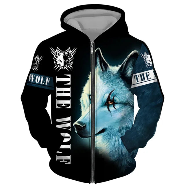 3D Wolf Print Men Zipper Hoodies Fashion Animal Pattern Top Coat Street Punk Style Oversized Sweatshirts Outdoor Leisure Jackets