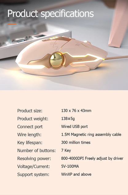Factory Sales Inphic W8 Wired Gaming Mouse 4000DPI 7 Buttons Macro Definition RGB Breathable Lamp Silent Computer Pink Mouse