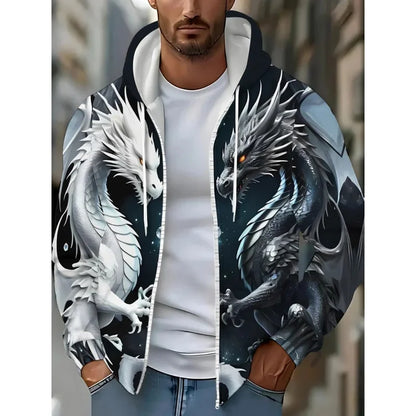 Herren-Hoodie mit Drachenprint und Reißverschluss, Kordelzug, langen Ärmeln, Oversize-Passform, für Outdoor-Aktivitäten und Reisen, Herbst/Winter