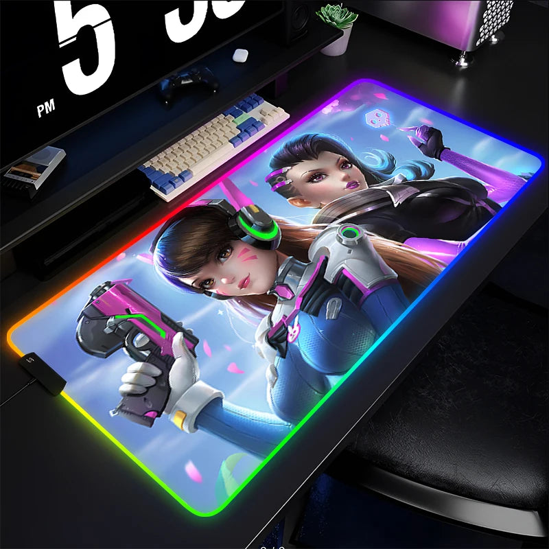 Геймърски пад за мишка и клавиатура Overwatch Sombra, подложка за бюро с LED RGB, гумен килим за мишка, kawaii mousepad за ноутбук