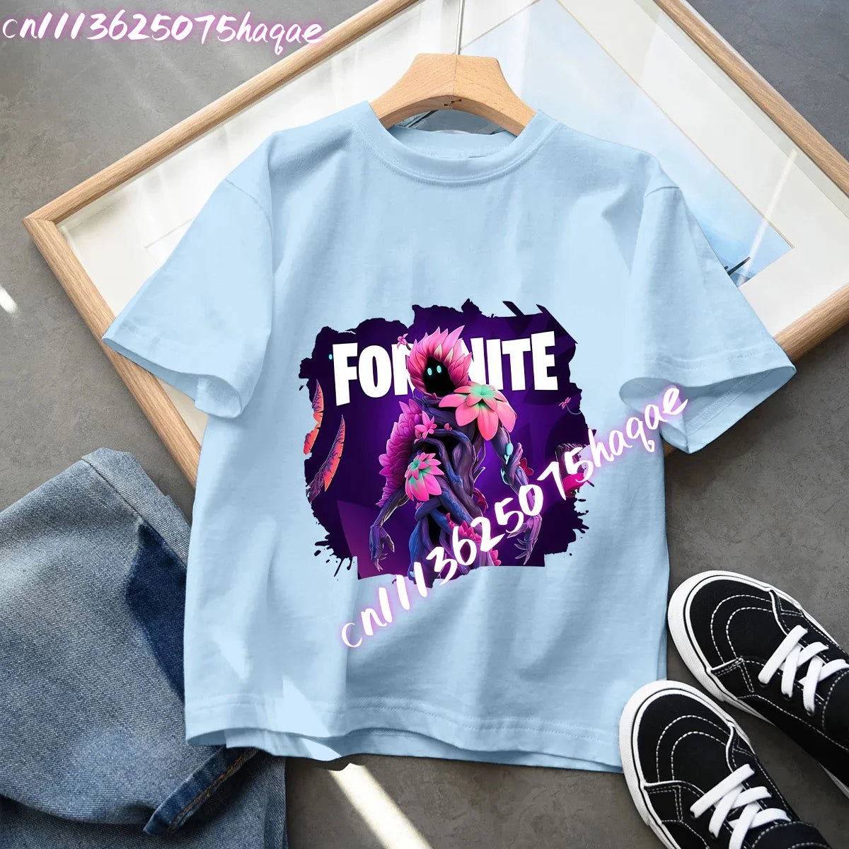 T-shirt azul de algodão Fortnite para criança, camisola de manga curta Fortress Night para bebé, top kawaii com desenho animado para menino e menina, roupa de verão, prenda