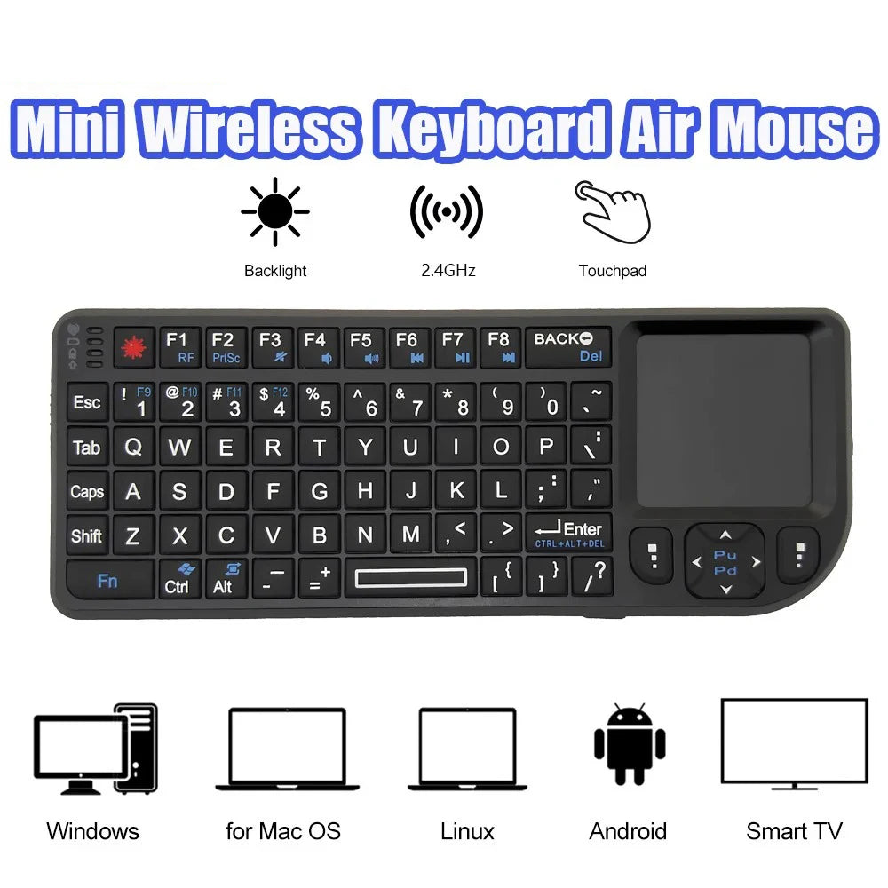 Teclado sem Fios A8 Mini 2.4G com Retroiluminação em 7 Cores, 3 em 1, Teclado Portátil com Touchpad e Air Mouse para Android TV Box, PC e Tablet