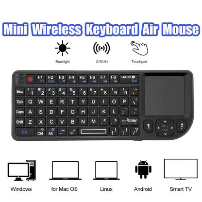 Teclado sem Fios A8 Mini 2.4G com Retroiluminação em 7 Cores, 3 em 1, Teclado Portátil com Touchpad e Air Mouse para Android TV Box, PC e Tablet
