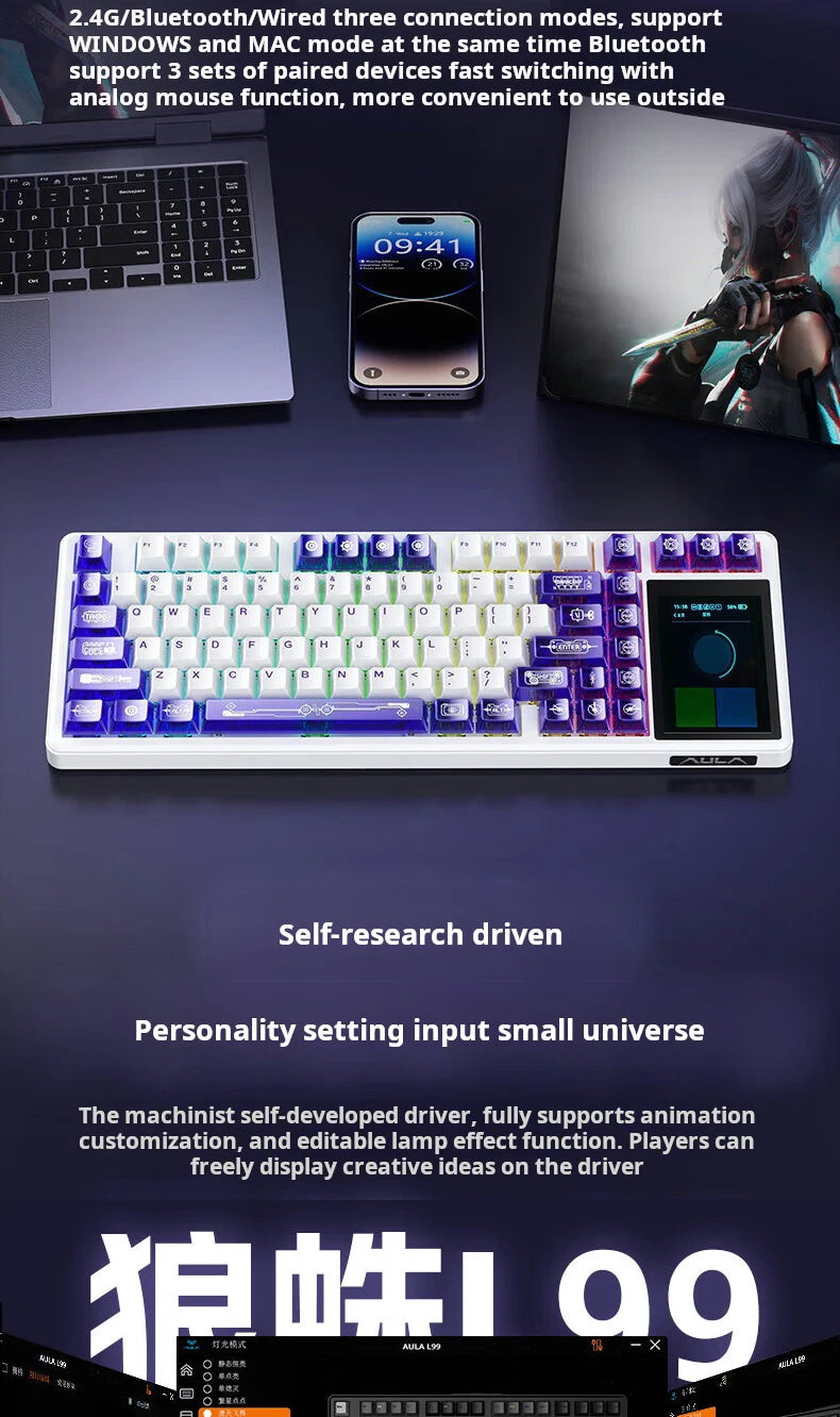 Teclado mecânico AULA L99 com ecrã inteligente, Bluetooth sem fios, tri-modo, teclado gaming noturno para portátil, 8000mAh, switch Raindrop
