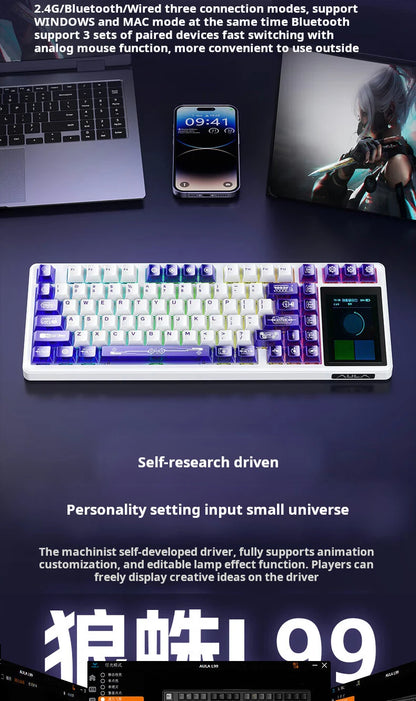 Teclado mecânico AULA L99 com ecrã inteligente, Bluetooth sem fios, tri-modo, teclado gaming noturno para portátil, 8000mAh, switch Raindrop