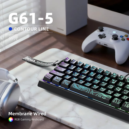 60% compact wired keyboard with RGB backlighting and gradient keycaps suitable for Windows tablets, laptops, and gamers.