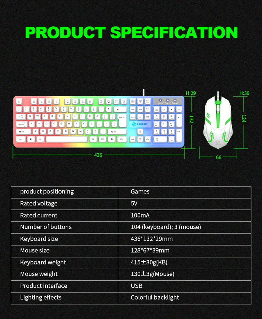 NG GTX350 Combo de teclado y ratón gaming para ordenador y portátil, kit gamer con retroiluminación LED, teclado USB con cable GTX350 Set-Negro