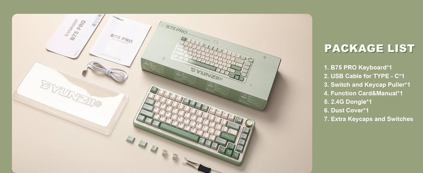 YUNZII B75 PRO Green Mechanical Gaming Keyboard, Gasket 75 Knob RGB Keyboard, BT/Wired/Wireless Hot-Swap Custom Creamy Keyboard
