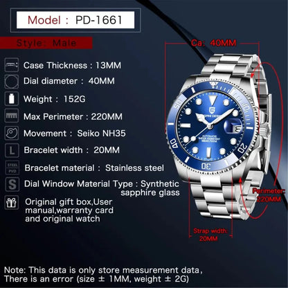 PAGANI DESIGN Fashion Men's Sports Automatic Mechanical Watch NH35 Stainless Steel Sapphire waterproof watch reloj hombre PD1661