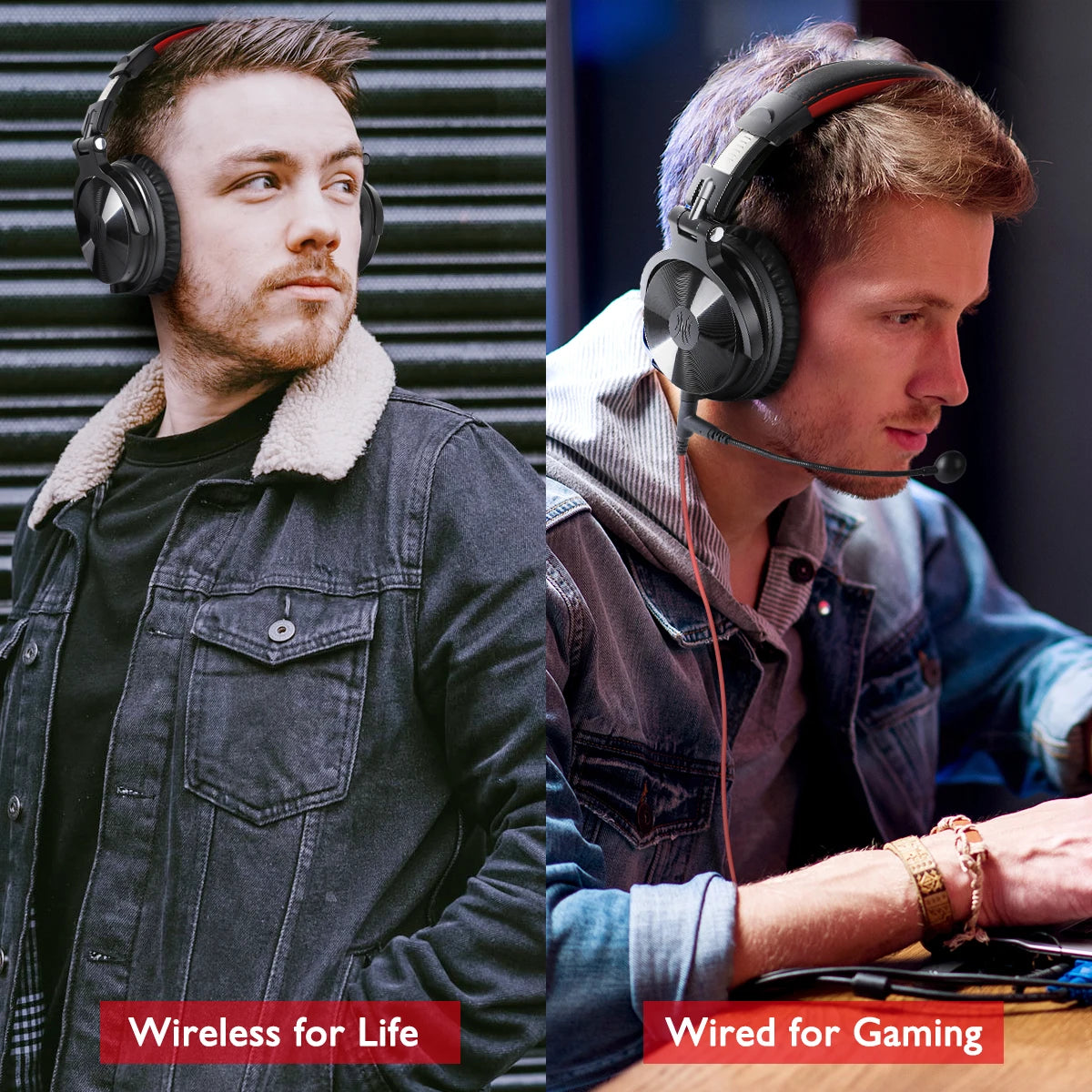 OneOdio 110H kabelloses Bluetooth 5.2 Gaming-Headset – 110H Akkulaufzeit, Over-Ear-Kopfhörer mit tiefem Bass und Mikrofon, kabelgebundenes & kabelloses 2-in-1-Headset für PC und PS4