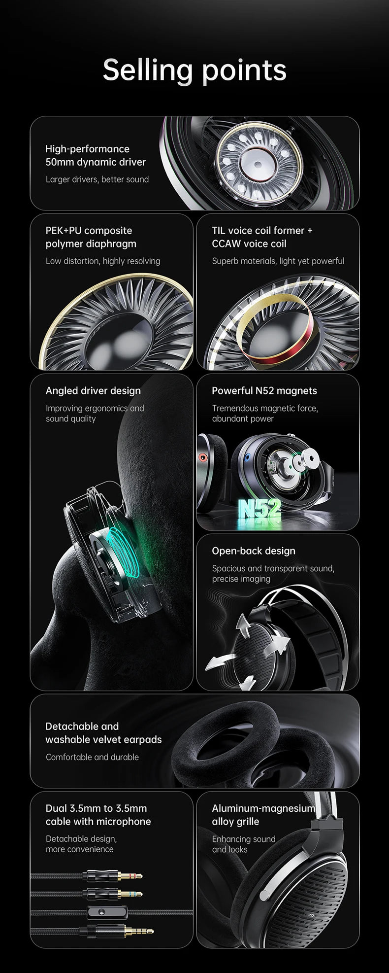 Cuffie over-ear cablate open-back FiiO JT3 con driver dinamico da 50mm HiFi e cavo rimovibile