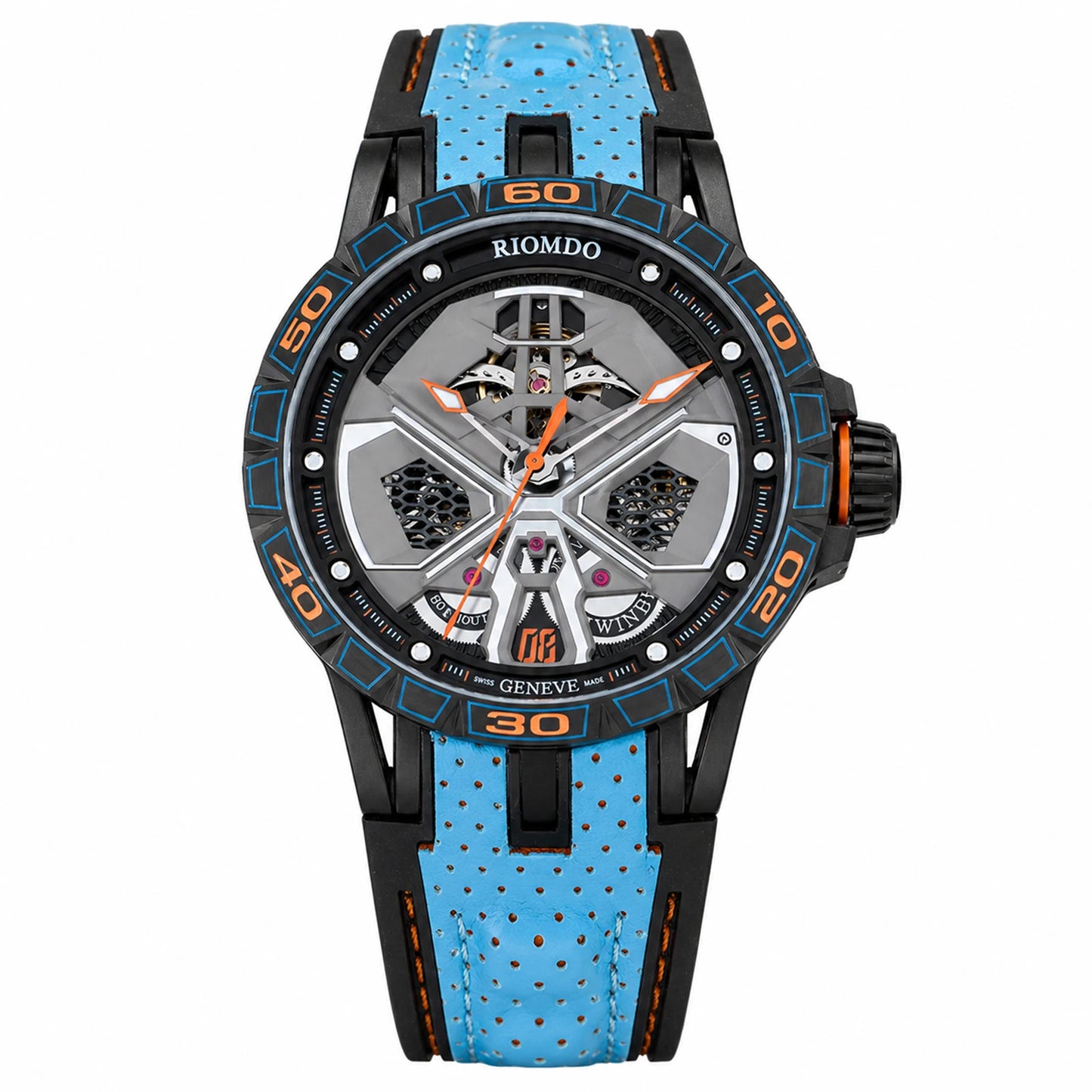 OBLVLO Men's Luxury Machinery Skeleton Mechanical Automatic Watches Analog Big Dial Blue Rubber Band Military Watch RD-909