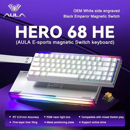 Teclado mecânico gaming com fios AULA HERO68 HE, switches magnéticos, Rapid Trigger, taxa de polling 8K, RGB, para esports