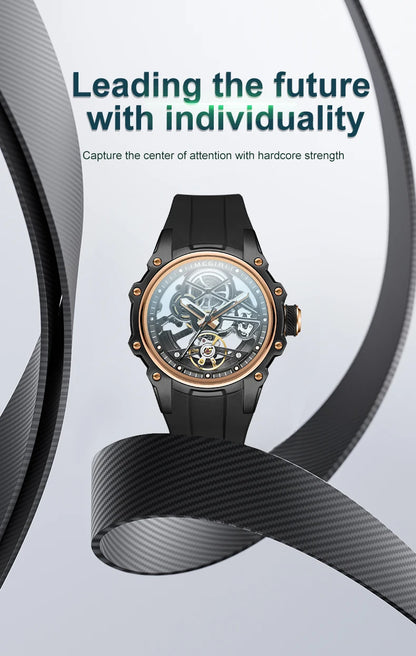 MEGIR Skeleton Dial Automatic Mechanical Watch Men Stainless Steel Case Waterproof Luminous Sport Wristwatch with Silicone Strap