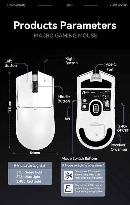 Mouse da gaming ATTACK SHARK X11 e mouse wireless X11 SE 22000 DPI, sensore PAW3311, BT/2.4G/cablato, ultraleggero 59g, 2000W clic