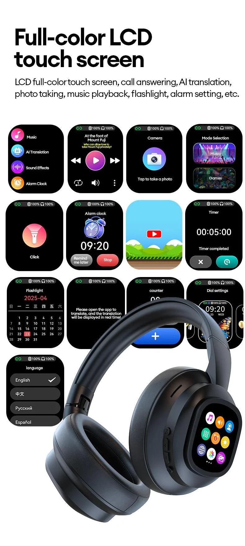 KI-LCD-Touchscreen kabellose Bluetooth-Kopfhörer – ANC-Geräuschunterdrückung, tiefer Bass, Gaming-Headset mit HD-Mikrofon