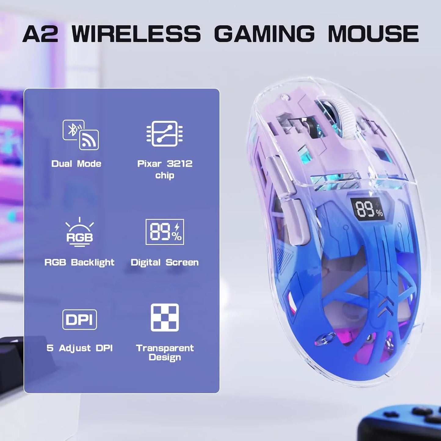 A2 transparente kabellose Gaming-Maus, BT 5.0/2.4G, wiederaufladbare RGB-Maus für PC mit digitalem Display, PixArt 3212, 5 einstellbare DPI