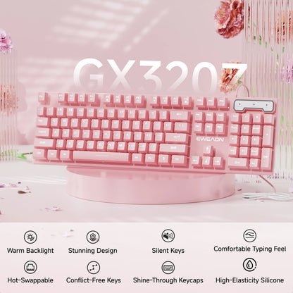 EWEADN Wired Pink White Keyboard, Full-Size Numpad, Quiet Keys, RGB Backlit Cute Design for Laptop/PC, Ideal for Work & Gaming