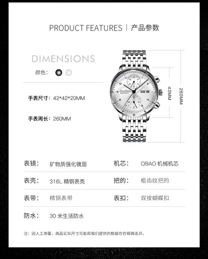 Mens Business Watch Mechanical Movement Multifunction Chronograph Stainless Steel Waterproof Automatic Calendar Sapphire