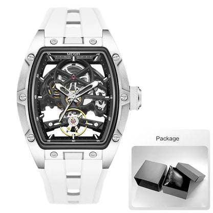 MEGIR 2242 Blue Automatic Watch for Men Sport Waterproof Stainless Steel Mechanical Wristwatch with Silicone Strap Skeleton Dial