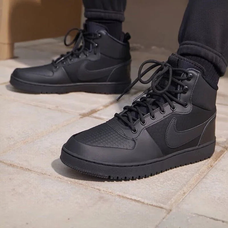 Nike Court Borough Mid Solid Color Versatile Fashionable Leather Mid-Top Men's Black Sneakers Aa0547-002