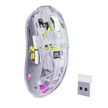 A2 transparente kabellose Gaming-Maus, BT 5.0/2.4G, wiederaufladbare RGB-Maus für PC mit digitalem Display, PixArt 3212, 5 einstellbare DPI