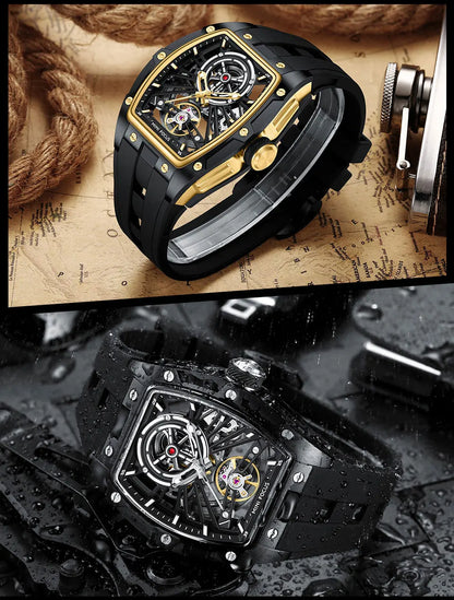 MINI FOCUS Herren-Armbanduhr, modisch, schwarz, wasserdicht, automatische mechanische Uhr mit Leuchtzeigern, Silikonarmband und Tonneau-Zifferblatt
